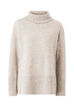 Maglione lavorato a maglia beige chiaro con collo alto a coste, maniche lunghe e bordi a coste. Presenta una consistenza morbida e una vestibilità comoda.