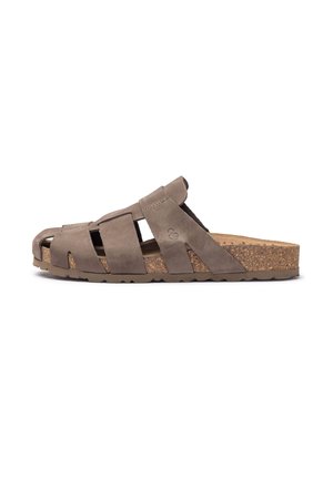 Brown suede sandal with a cork footbed, featuring a strappy design and an open toe. Textured sole with a slight wedge for comfort.