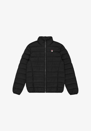 Giubbotto imbottito nero con colletto alto, dotato di chiusura frontale con zip e design a righe orizzontali. Piccolo logo sul petto sinistro.