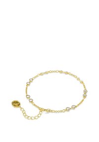 Guldfärgad armband med runda, klara kristaller i växelvisa ovala och cirkulära länkar. Har en lås och justerbar kedjeförlängning.