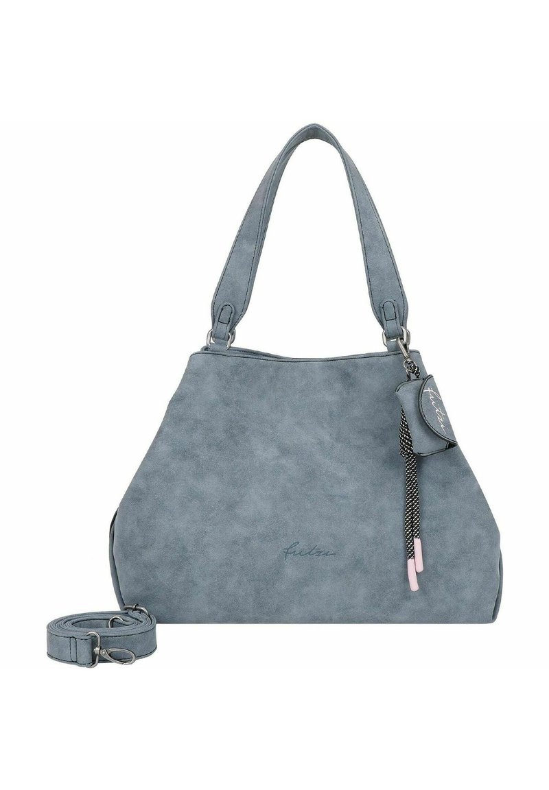 Borsa hobo in suede grigio, con manici e una tracolla staccabile, e un ciondolo con accenti rosa. Logo sul davanti.