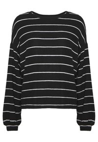 Gestreifter, schwarz-weißer, kurz geschnittener Pullover mit langen, ballonförmigen Ärmeln und einem runden Halsauschnitt in einer weichen Strickstruktur.