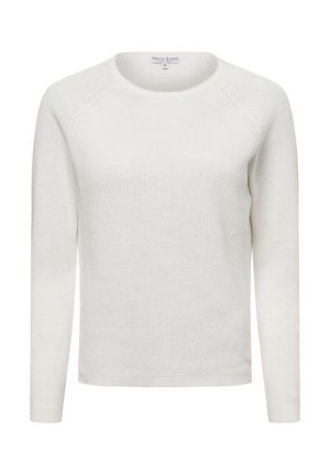Helle Creme Baumwollpullover mit langen Ärmeln und Rippstruktur, Rundhalsausschnitt und Raglanärmel. Schlichtes Design ohne zusätzliche Muster.