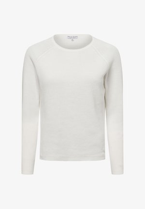 Helle Creme Baumwollpullover mit langen Ärmeln und Rippstruktur, Rundhalsausschnitt und Raglanärmel. Schlichtes Design ohne zusätzliche Muster.