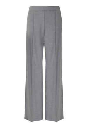Grey wide-leg trousers with a high waist and crease detailing down the front of each leg.