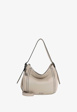 Borsa a spalla in pelle beige con cuciture nere, design curvo e un accento in catena rimovibile. Include una tracolla lunga per maggiore versatilità.