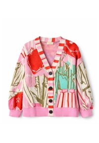 Χρωματιστό ζακέτα με ροζ, κόκκινες, τιρκουάζ και μπεζ αφηρημένα σχέδια, ριγέ V-λαιμόκοψη, μαύρα κουμπιά και ροζ μανσέτες και τελείωμα.