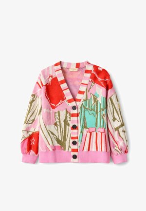 Colorful cardigan with pink, red, turquoise, and beige abstract patterns, striped V-neckline, black buttons, and pink cuffs and hem.
