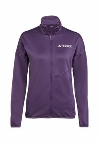 Giacca a zip viola con colletto alto. Realizzata in materiale leggero, presenta una texture geometrica, tasche laterali e un logo del marchio.