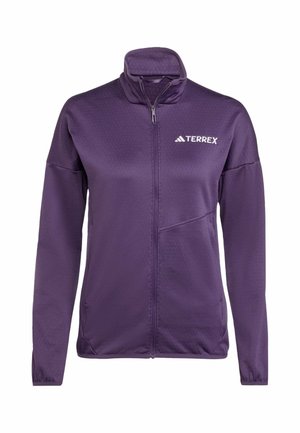 Paarse zip-up jas met een hoge kraag. Gemaakt van lichtgewicht materiaal, met een geometrische textuur, zijzakken en een merklogo.
