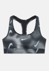 Sutiã desportivo preto e cinza com um design riscado, corte às costas em formato de nadador e um pequeno logótipo branco na parte da frente. Confeccionado em um material elástico e suave.