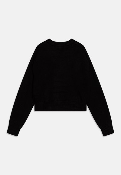 Schwarzer, kurz geschnittener Pullover mit langen Ärmeln, rundem Halsausschnitt, geripptem Saum und Bündchen, weicher Textur und einem schlichten Design. Keine Muster oder Verzierungen.