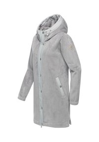 Cappotto in velluto a coste grigio chiaro con cappuccio, dotato di una chiusura frontale liscia con cerniera, bottoni a pressione, due tasche laterali e un logo decorativo sulla manica.