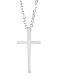 Hõbedane ristiketi ripats, mis on kinnitatud kett-kaelakeele, omades lihtsat ja stiilset disaini, läikiva viimistluse ja siledat tekstuuri.