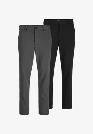 Two pairs of tailored pants, one gray and one black, made of smooth fabric. Features include a button closure and straight leg design.