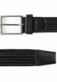 Svart flätad läderbälte med silverfärgad metallspänne, läderslinga och "Falconeri" präglat på slingan och bältestippen.