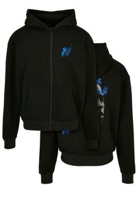 Černá mikina na zip vyrobená z bavlny s hladkou strukturou. Na přední straně má design modré motýlice a volný střih.