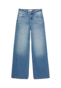Jasnoniebieskie dżinsy z szerokimi nogawkami o wyblakłym wykończeniu i kropkowanych zdobieniach, z pięcioma kieszeniami i standardową talią.