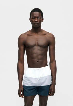 Homme musclé debout, portant un short de bain tricolore avec des bandes horizontales blanches, gris clair et bleu foncé sur un fond uni.