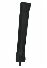 Botas de ante negro sobre la rodilla con una forma ajustada, elegante tacón y detalle de costura visible a lo largo de la costura trasera.
