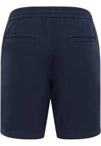 Pantalones cortos azul marino con cintura elástica y dos bolsillos traseros, con una textura suave y un diseño simple y clásico.