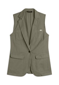 Blazer senza maniche verde oliva realizzato in tessuto leggero, con colletto a rever, chiusura con un bottone e due tasche frontali.