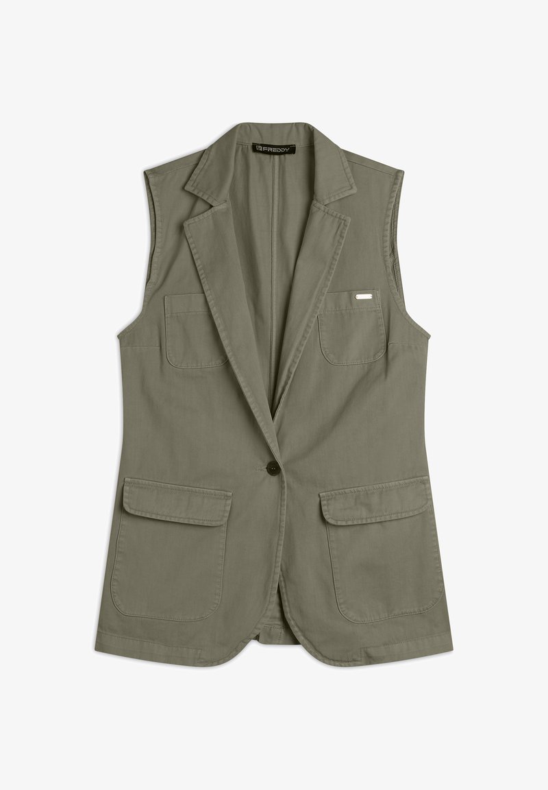Blazer senza maniche verde oliva realizzato in tessuto leggero, con colletto a rever, chiusura con un bottone e due tasche frontali.