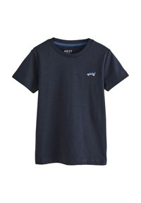 Maglietta in cotone blu navy con collo tondo, maniche corte e un piccolo logo di un'auto azzurra ricamato sul petto a sinistra.