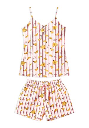 Ensemble de pyjama blanc à fines rayures verticales rouges, avec des empreintes de mains jaunes en forme de banane et rouges à pois, haut sans manches avec boutons, short à taille élastique.