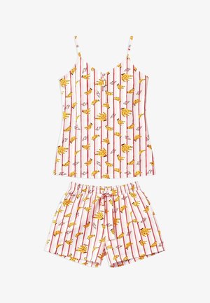 Ensemble de pyjama blanc à fines rayures verticales rouges, avec des empreintes de mains jaunes en forme de banane et rouges à pois, haut sans manches avec boutons, short à taille élastique.