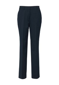 Pantalon ajusté bleu marine avec une texture à motif subtil, coupe droite, passants de ceinture, sans poches visibles ni éléments en métal.