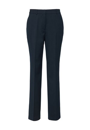 Marineblauwe op maat gemaakte broek met een subtiele gestructureerde textuur, rechtlopende snit, riemlussen en zonder zichtbare zakken of hardwaredetails.