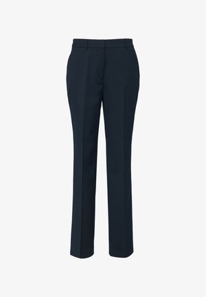 Navy blue tailored trousers with a subtle patterned texture, straight leg design, belt loops, and no visible pockets or hardware details.