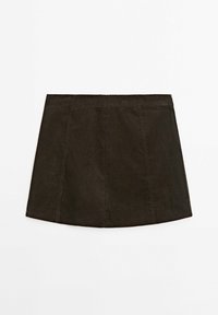 Mini-jupe en velours côtelé brun foncé coupe trapèze avec coutures de panneaux et ceinture, posée à plat sur fond blanc.