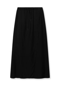 Gonna nera lunga fino ai piedi realizzata in tessuto leggero. Presenta una vita elastica con cordoncino e pieghe sottili per un tocco di texture in più.