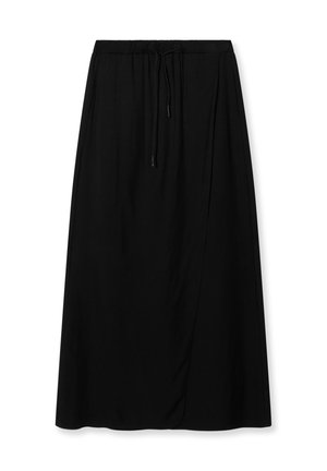 Zwarte maxi rok gemaakt van lichtgewicht stof. Voorzien van een elastische tailleband met een trekkoord en subtiele plooien voor extra textuur.