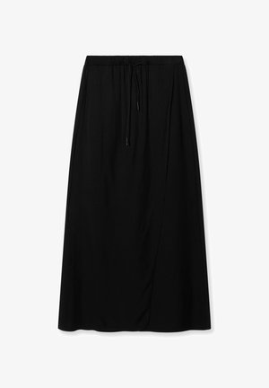 Schwarzer, bodenlanger Rock aus leichtem Stoff. Verfügt über einen elastischen Bund mit Kordelzug und sanften Falten für eine zusätzliche Textur.
