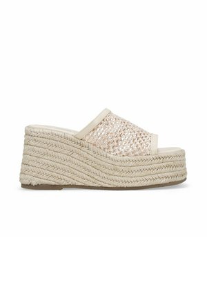 Sandali wedge con tomaia in beige intrecciato e una spessa piattaforma in juta. Tessuto con una finitura lucida. Design open-toe e fodera di colore chiaro.