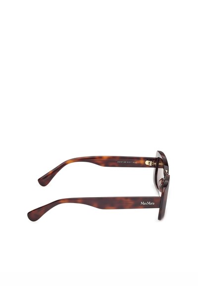 Brown tortoiseshell rectangular eyeglasses with wide arms and "Max Mara" logo on the side, shown from a side angle on white background.
