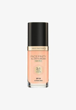 Max Factor Face Finity foundation i 35 Pearl Beige. Klar glasflaske med en pink nuance, sort låg, guld detalje og SPF 20 label.