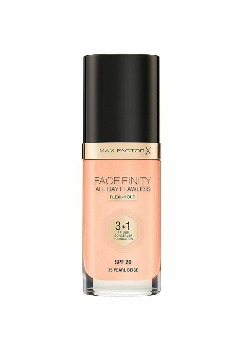 Max Factor Face Finity foundation i 35 Pearl Beige. Klar glasflaska med en rosa nyans, svart lock, gulddetalj och SPF 20-etikett.