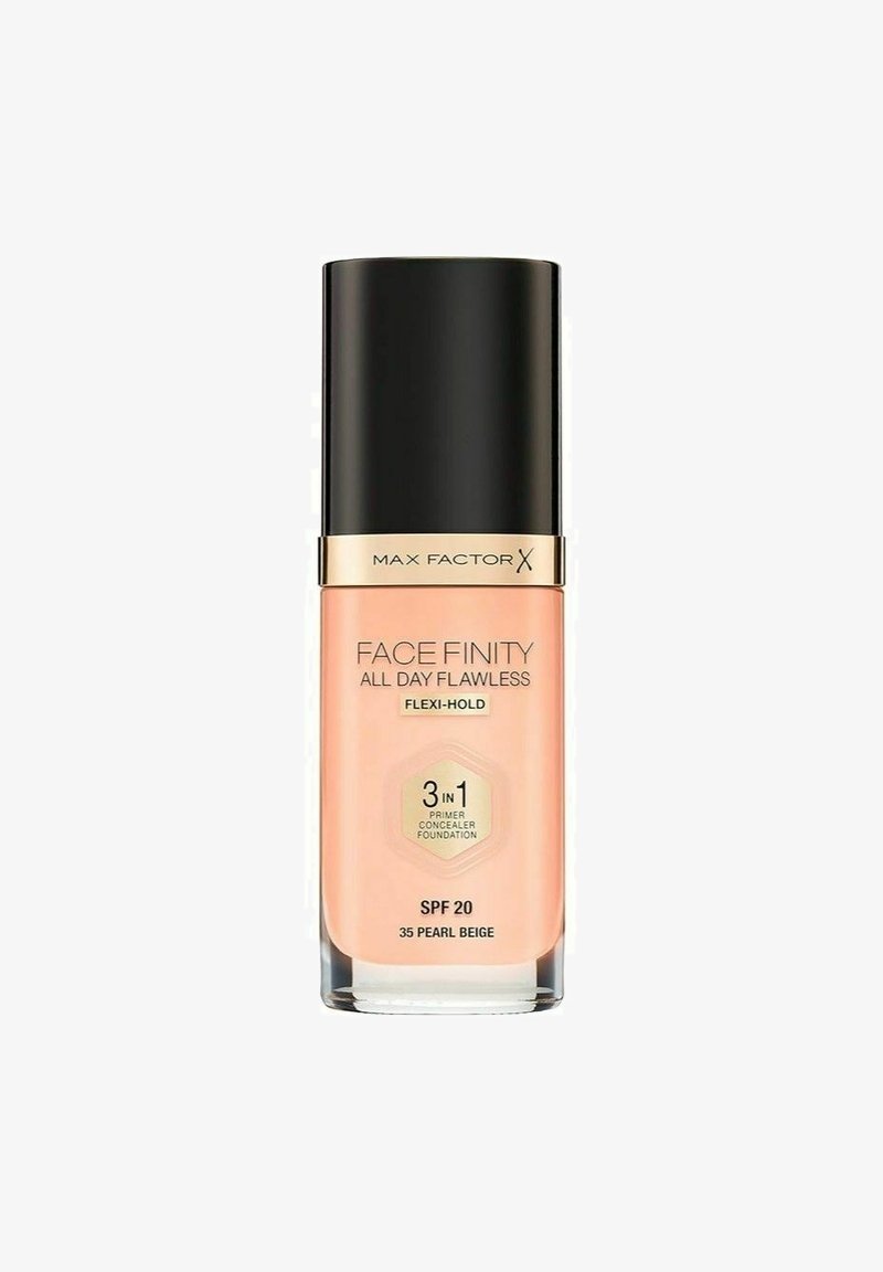 Max Factor Face Finity foundation i 35 Pearl Beige. Klar glasflaska med en rosa nyans, svart lock, gulddetalj och SPF 20-etikett.