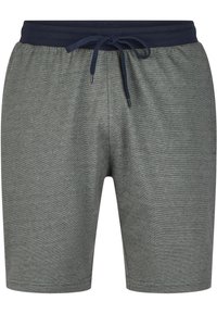 Shorts en mélange de coton gris avec une taille élastique bleu marine, fermeture à cordon de serrage et texture rayée discrète sur l'ensemble.