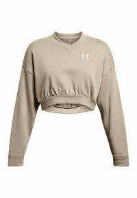 Beige zkrácená mikina s dlouhými rukávu, vyznačující se V-výstřihem a elastickým lemem. Bílé logo na horní levé straně. Měkká textilie.