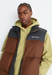 Columbia puffy vest in donkerbruin en grijs, met een ritssluiting aan de voorkant, hoge kraag en gewatteerd ontwerp. Draagt over een lichtgroene hoodie.
