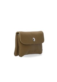 Brown leather wallet with a textured finish, rectangular shape, flap closure, and silver snap hardware. Compact design suitable for essentials.