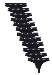 Schwarze Tanga-Unterwäsche mit einem weichen elastischen Bund, der das wiederholte weiße Adidas-Logo zeigt. Mehrere Paare sind in einer diagonalen Linie angeordnet.