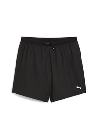 Schwarze Badeshorts mit elastischem Bund, Kordelzugverschluss und einem weißen Puma-Logo auf der unteren linken Seite. Glatte Textur, leichtes Material.