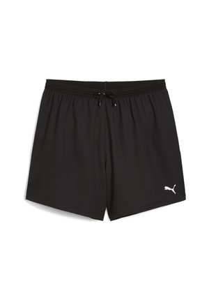 Sorte svømmebukser med elastisk talje, snor i midjen og en hvit Puma-logo på nedre venstre side. Glatt tekstur, lett stoff.