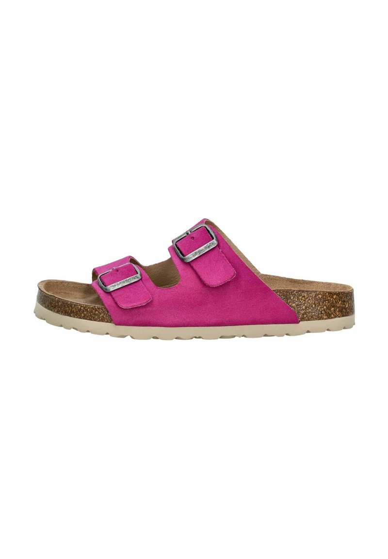 Sandal in suede rosa con due fibbie metalliche regolabili, soletta in sughero e suola in gomma beige. Presenta un design a punta aperta e arrotondata.